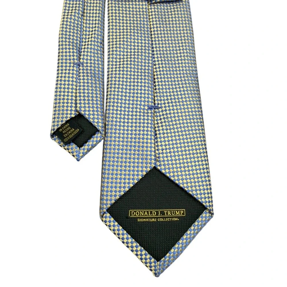 Donald J Trump Signature Coll. Blue Gold Silk Micro Check Necktie 3.75in‎ GEO